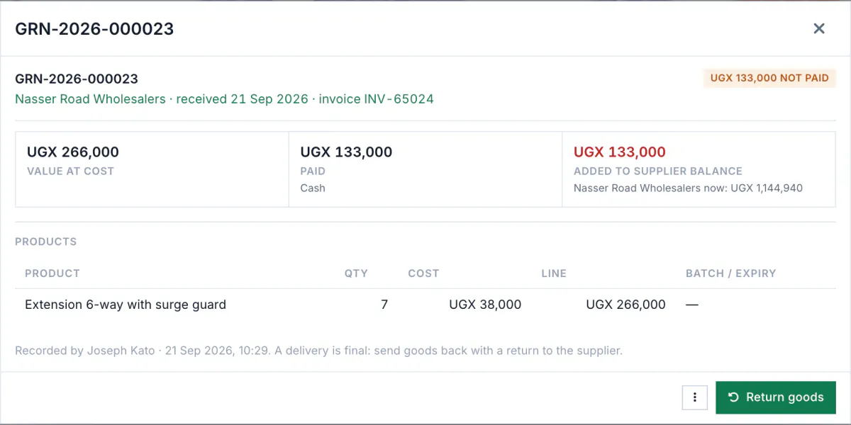 A supplier delivery in Shelfie: the items received, their cost and the amount paid so far.