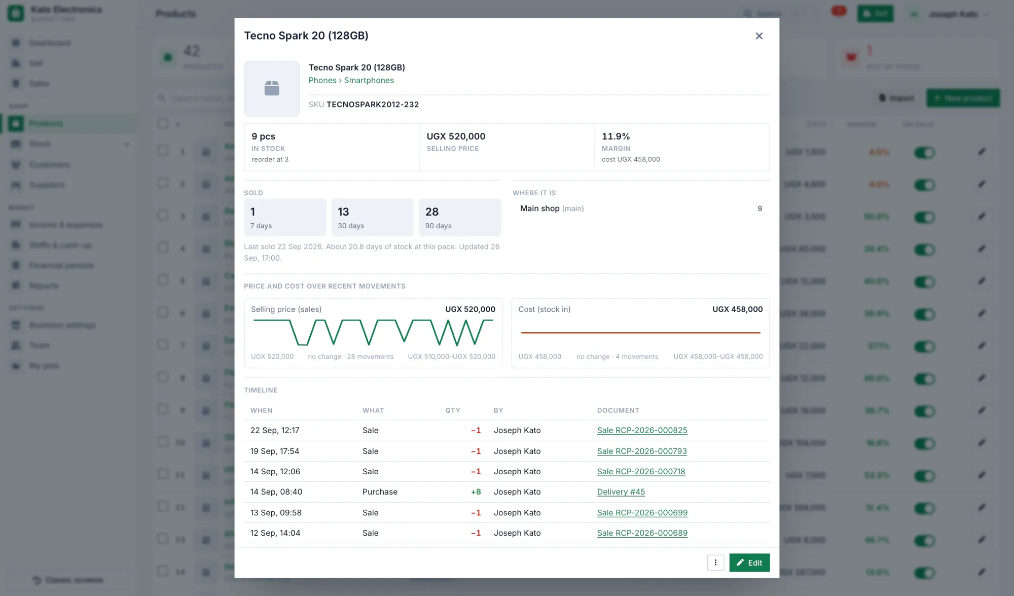 A product in Shelfie: stock on hand, buying and selling price, and a list of stock movements with reasons.