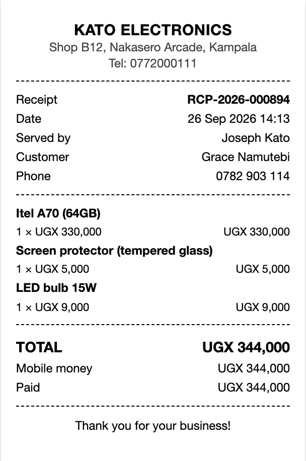 A Shelfie receipt from Kato Electronics with the items, the total and how it was paid.