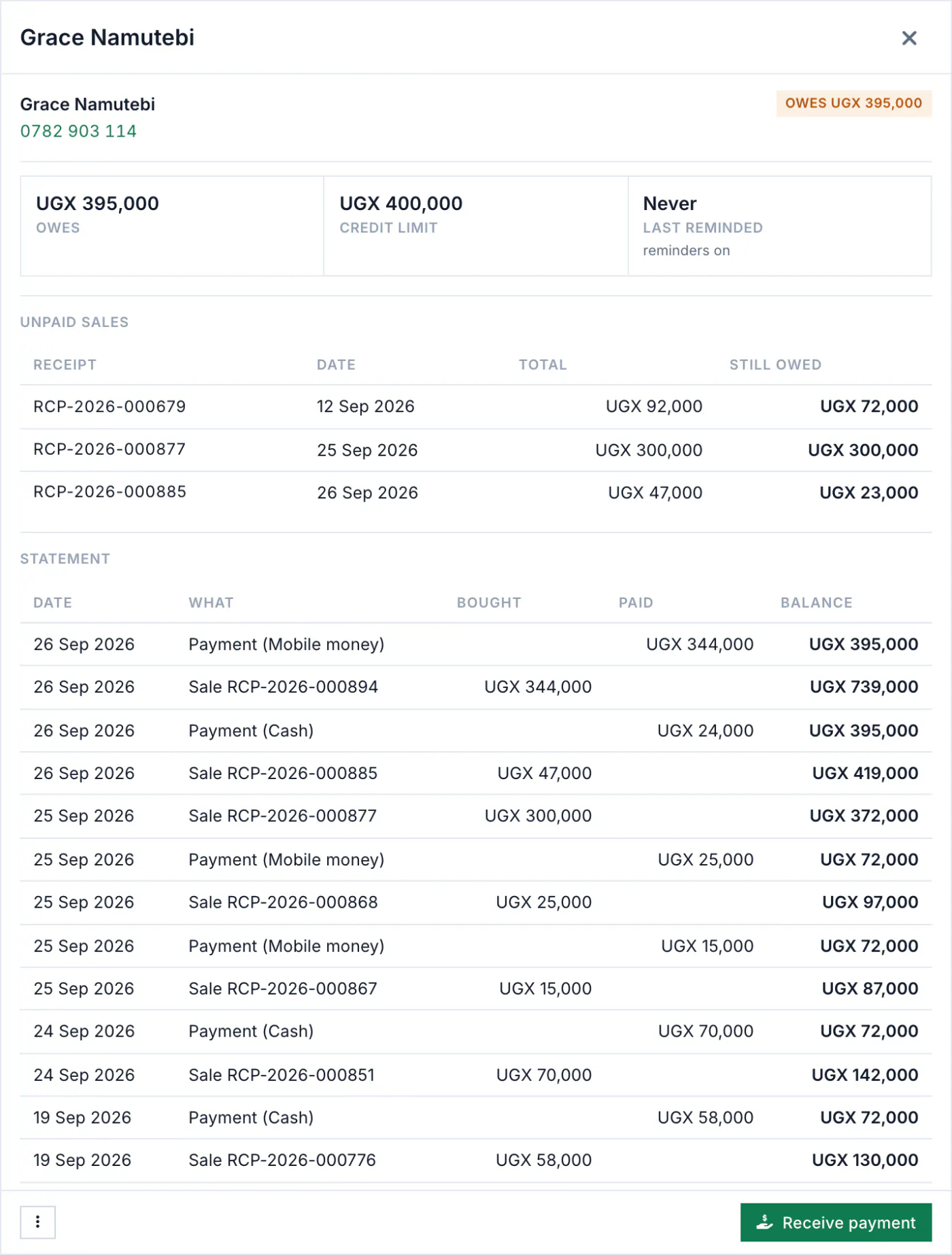 A customer's statement in Shelfie: credit sales and payments with the balance after each, and a button to receive a payment.
